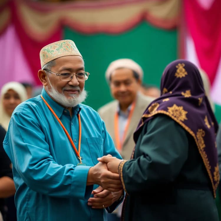 Pegawai senior sedang menerima penghargaan pensiun di panggung dengan hadirin bertepuk tangan