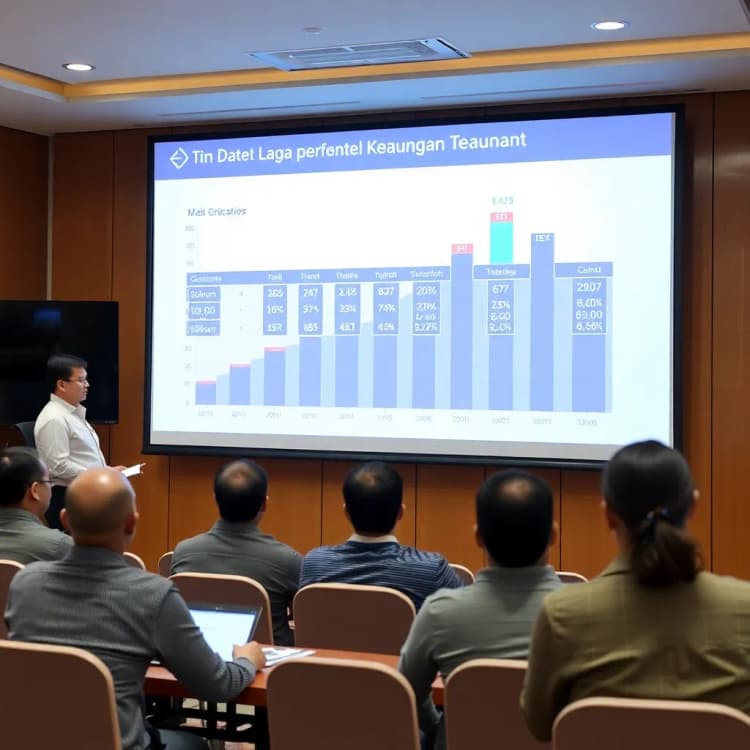 Tim direksi dana pensiun sedang mempresentasikan laporan keuangan tahunan di depan papan grafik